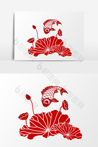 红色喜庆鲤鱼荷花元素设计图片