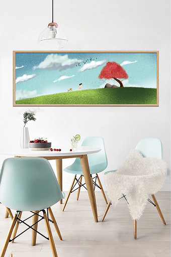 手绘唯美天空树木风景客厅卧室装饰画图片