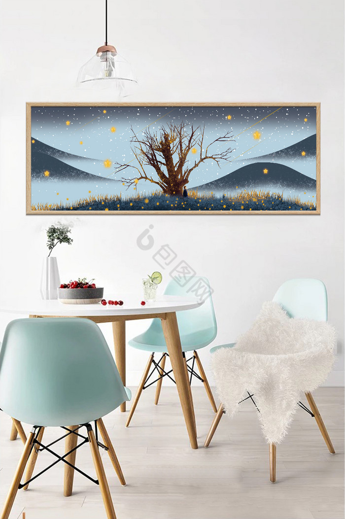 手绘夜晚星空下的树木风景客厅卧室装饰画图片