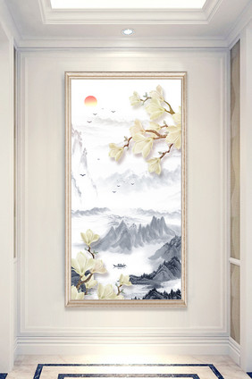 中式水墨山水风景玉兰花玄关装饰画