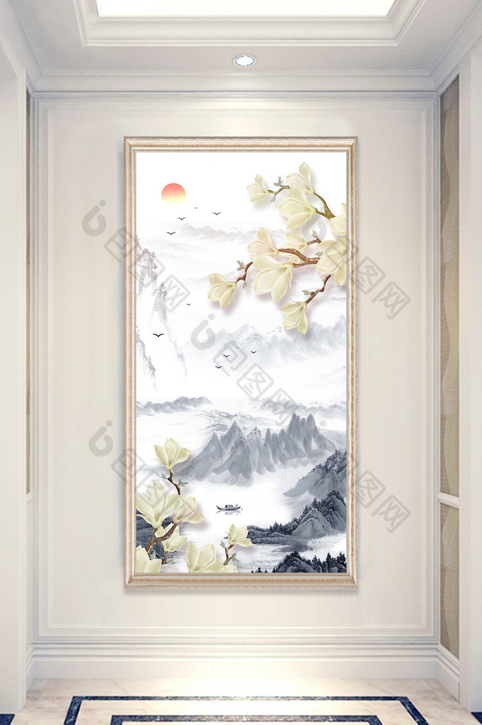 中式水墨山水风景玉兰花玄关装饰画图片图片