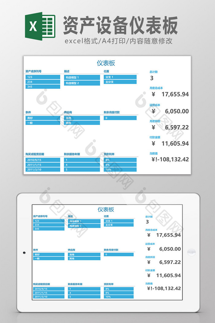 资产设备仪表板Excel模板