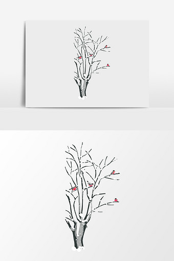 冬季的树与鸟插画元素图片