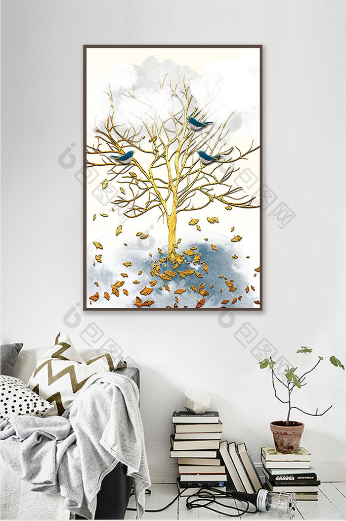 手绘质感树木落叶飞鸟装饰画