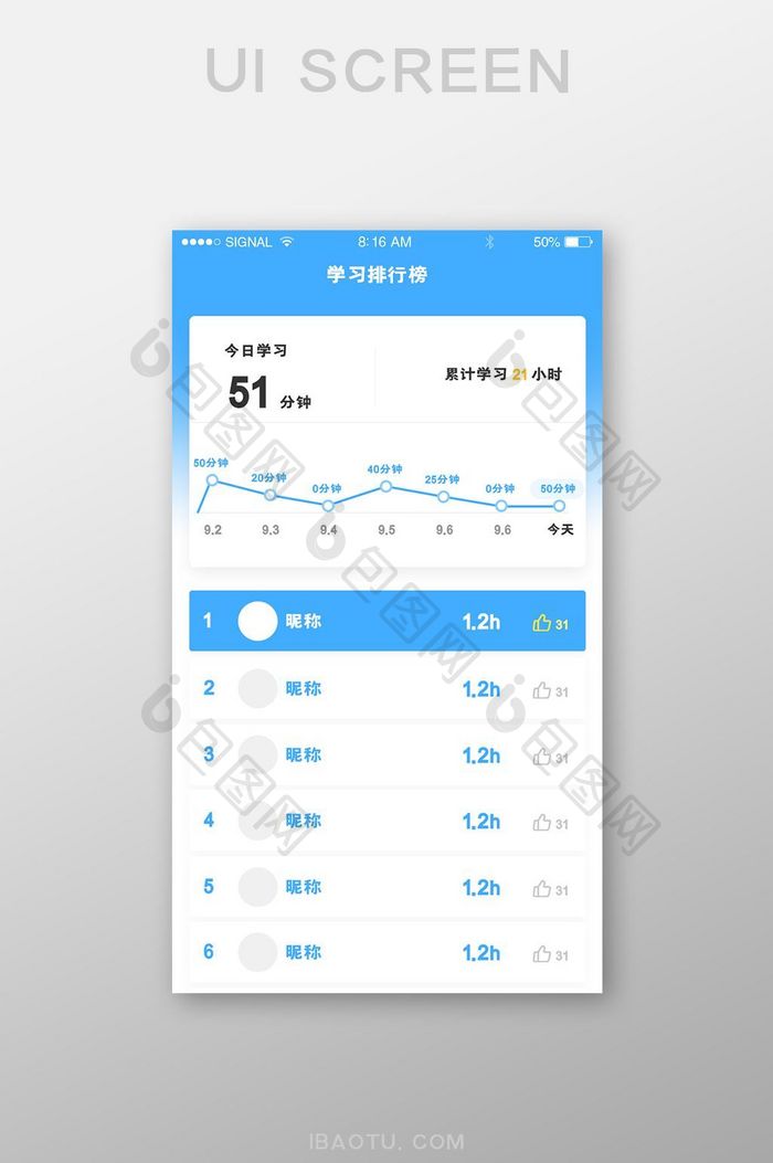 教育行业蓝色学习课时排行榜app界面设计