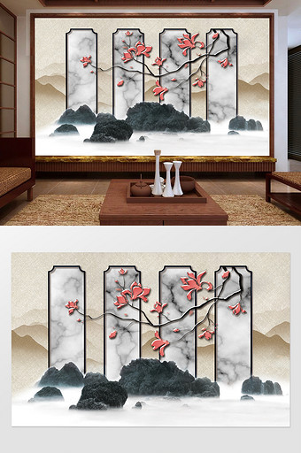 新中式花鸟山水富贵人家屏风背景墙图片