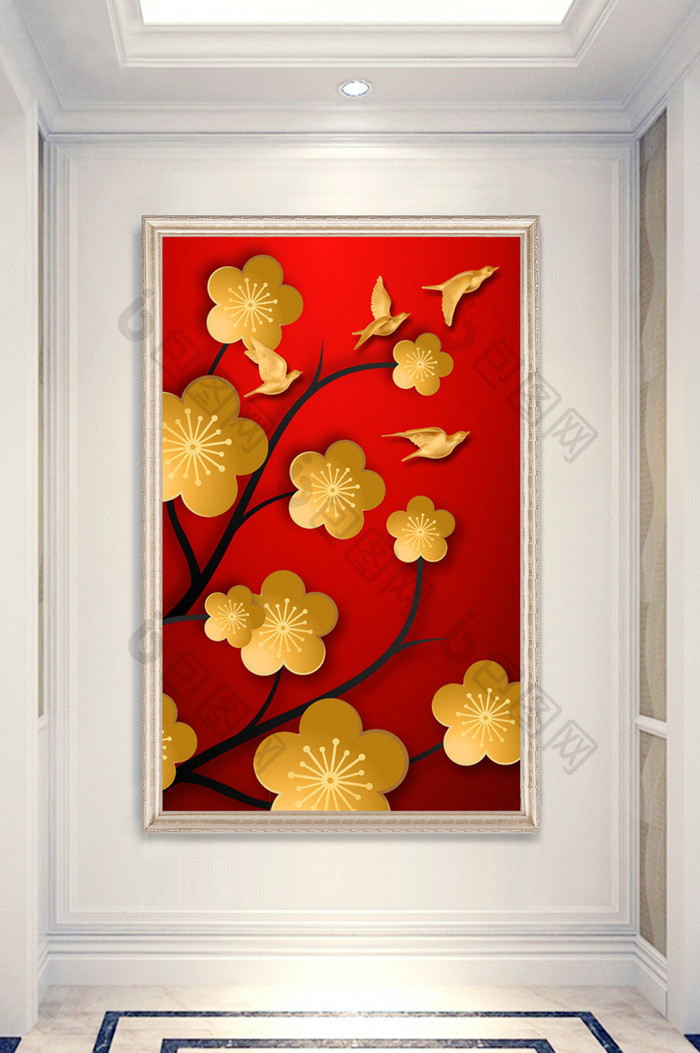 现代新年红花卉浮雕飞鸟玄关装饰画