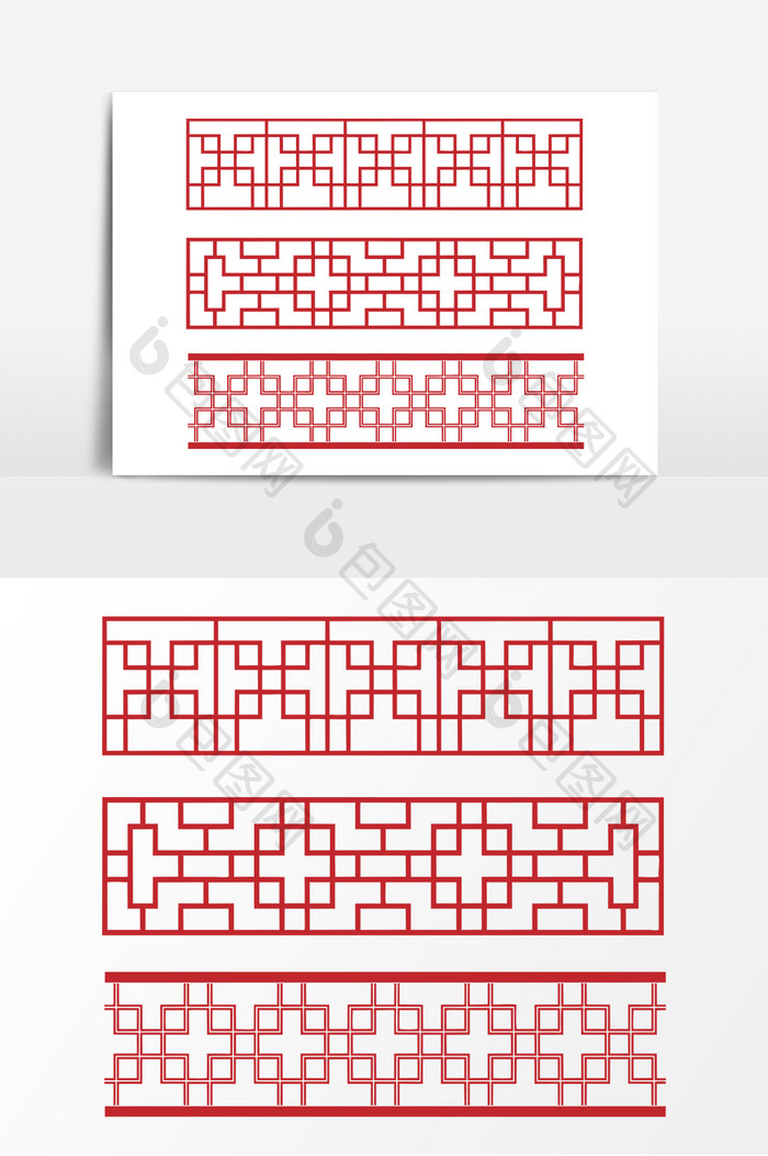 红色中式窗格装饰边框AI矢量素材