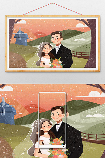 清新唯美结婚婚礼婚纱照插画图片