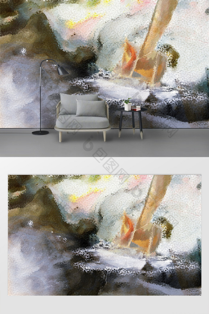 厚油手绘抽象油画帆船山水背景墙