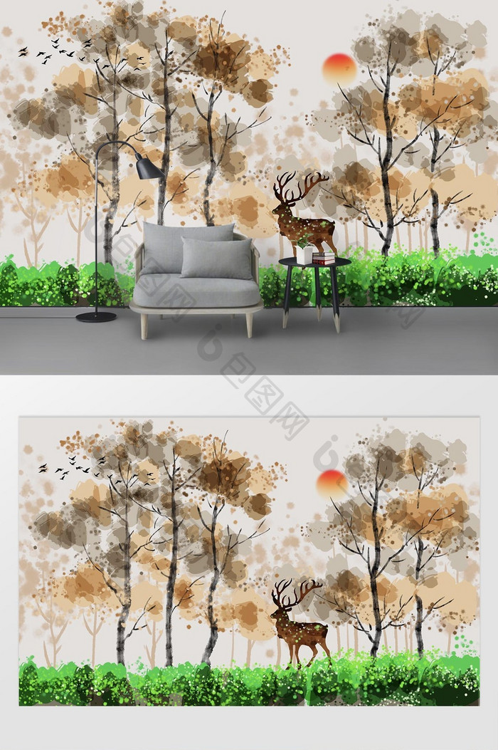 现代手绘森林麋鹿油画背景墙