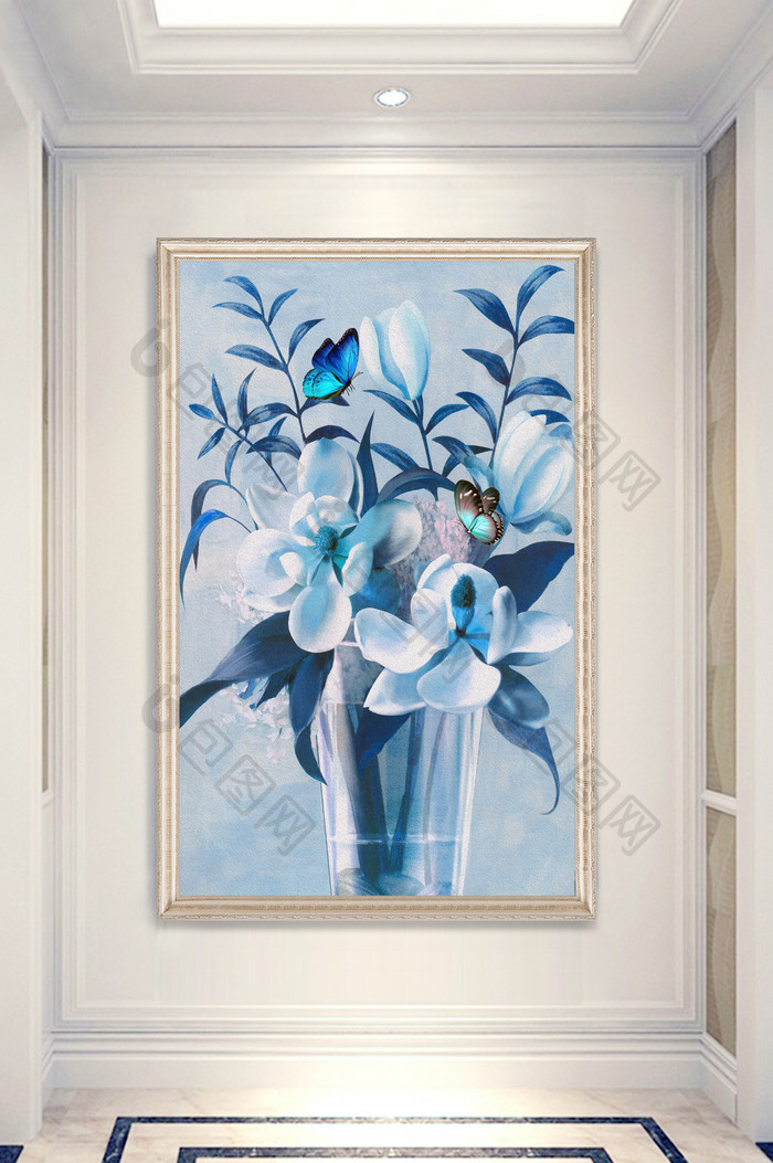 中式唯美蓝色花瓶花卉玄关装饰画