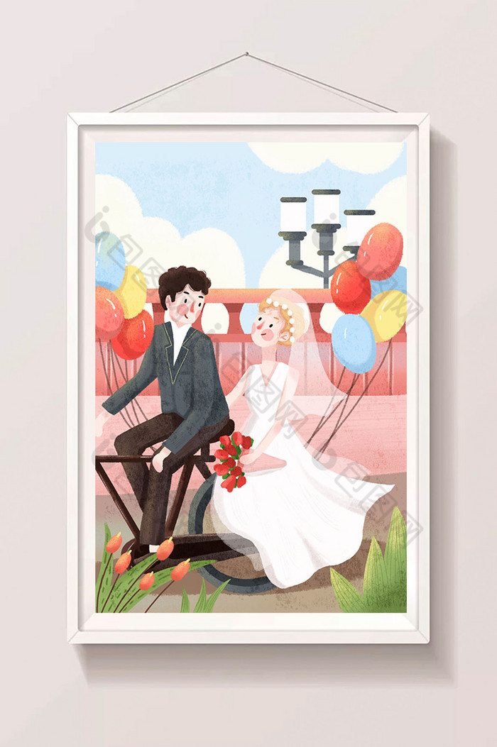 彩色婚庆男女骑单车结婚插画图片图片
