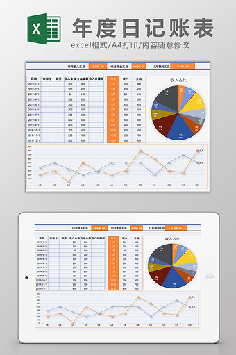 年度现金日记账报表收支图表Excel模板图片
