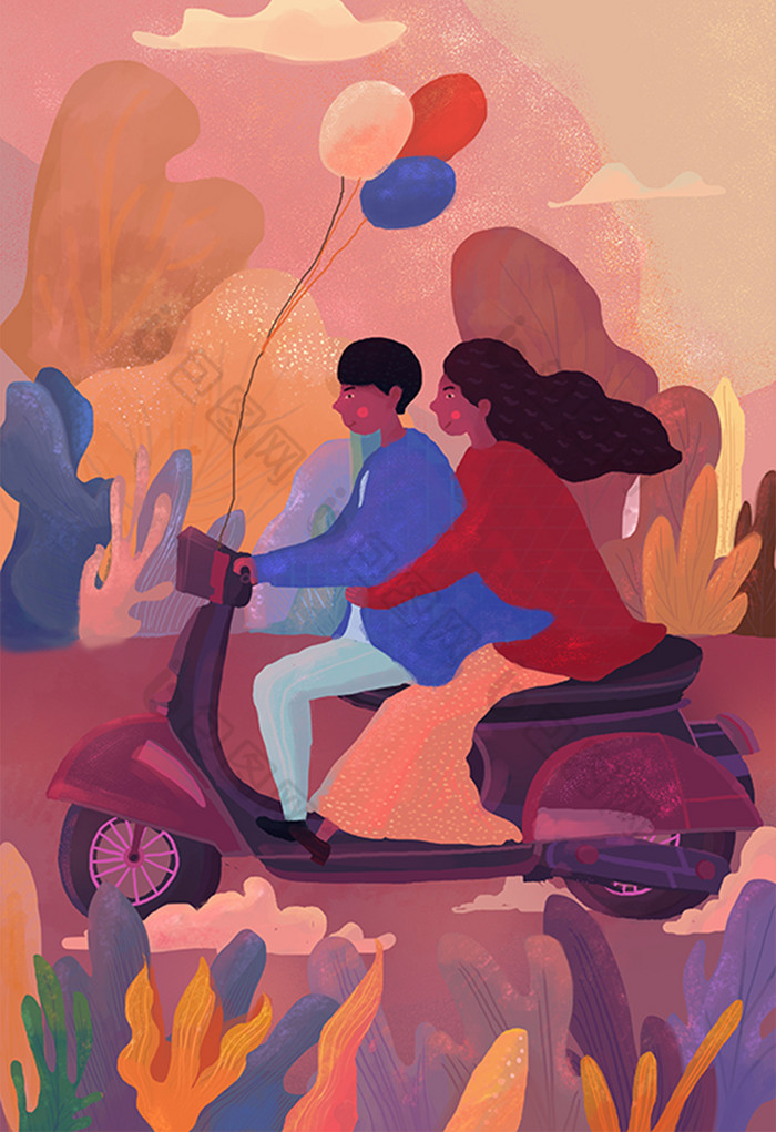 情人节情侣骑车浪漫插画图片