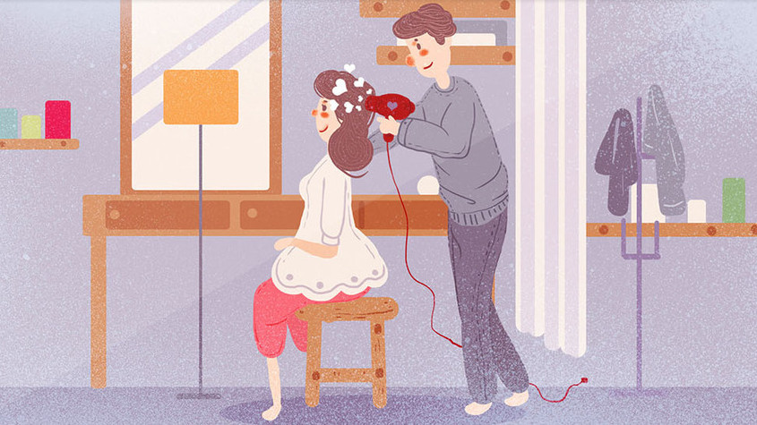 情人节情人温馨吹头发卡通gif图