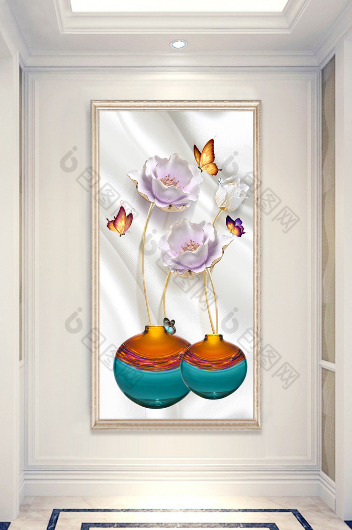 现代丝绸玻璃瓶花卉蝴蝶玄关装饰画图片图片