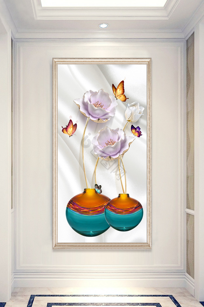 现代丝绸玻璃瓶花卉蝴蝶玄关装饰画图片