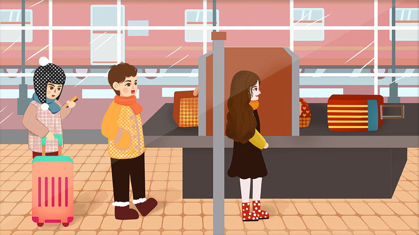 卡通春节回家在火车站动态插画