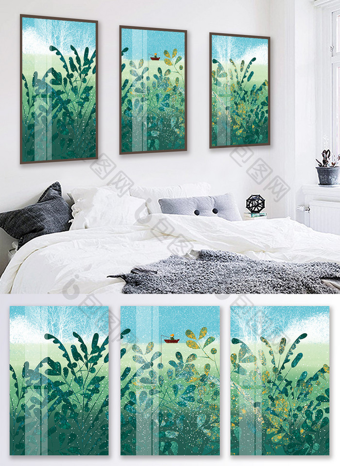 手绘植物树叶钓鱼风景儿童房卧室晶磁装饰画