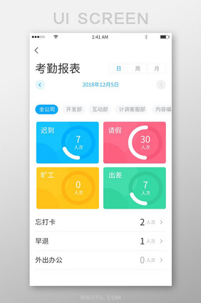 彩色简约卡片式考勤报表展示界面