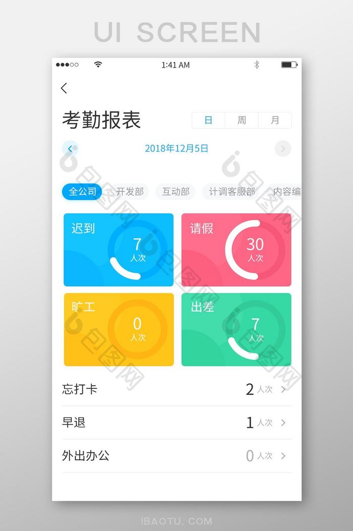 彩色简约卡片式考勤报表展示界面