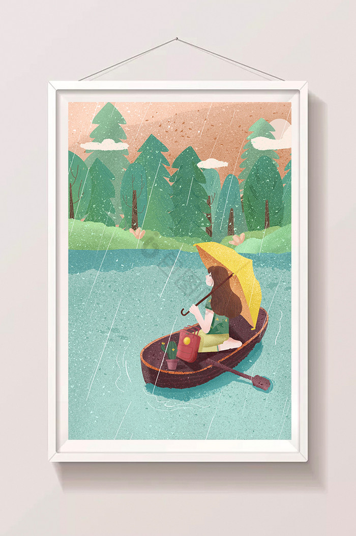 春天时雨划船游玩插画图片