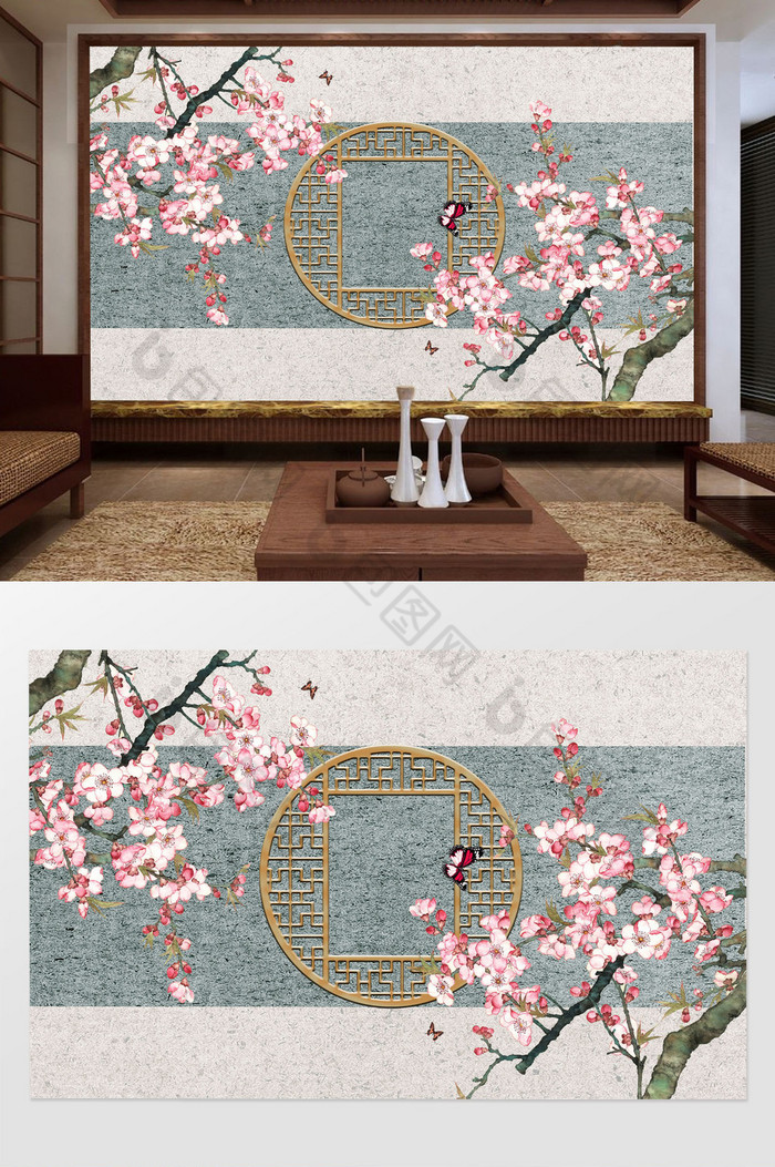 新中式复古窗格蝴蝶花枝背景墙图片图片