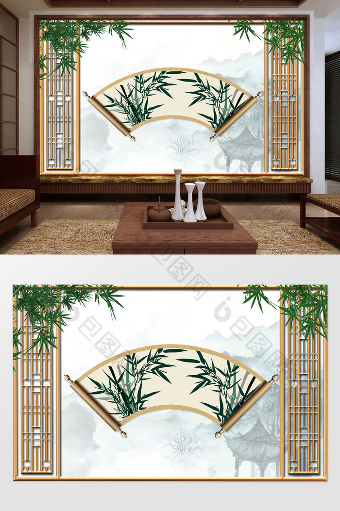 新中式复古竹子木制隔断扇型背景墙