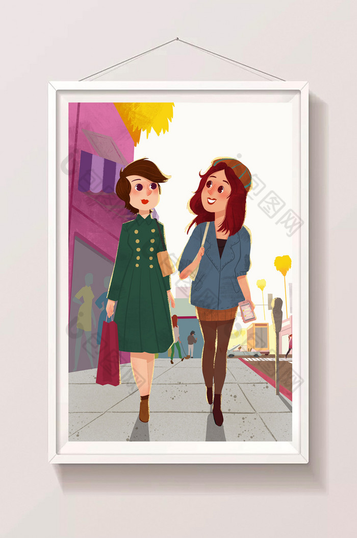 女生节女神节闺蜜逛街购物插画
