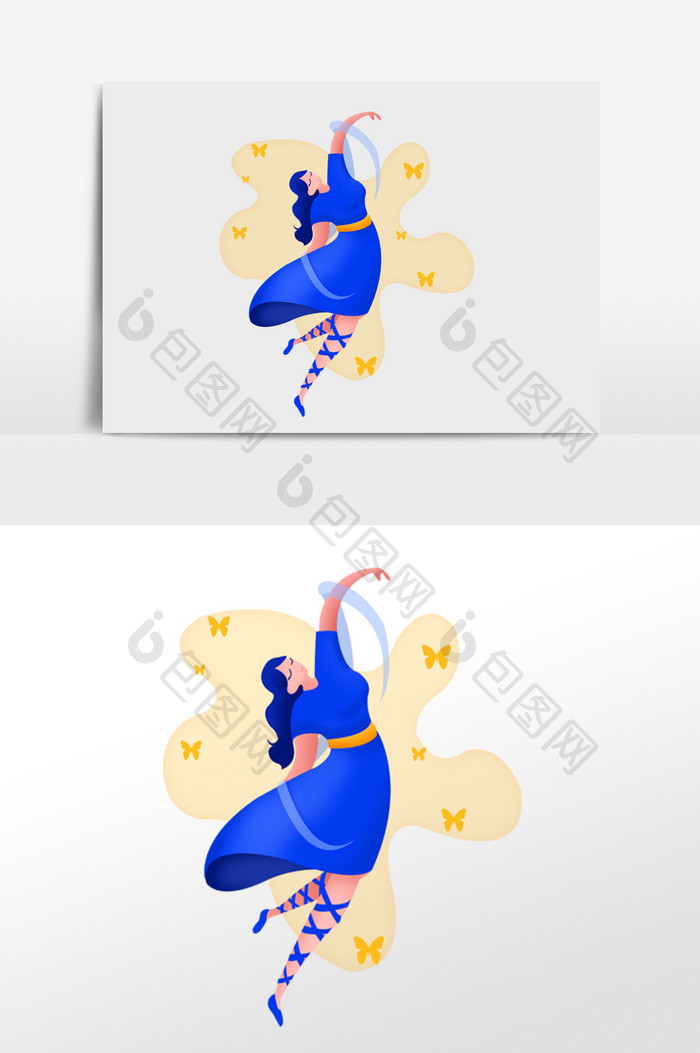 蓝色扁平调跳芭蕾舞的女孩插画