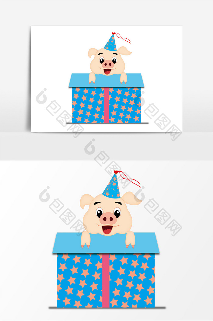 新年卡通小猪星星礼物盒ai矢量装饰