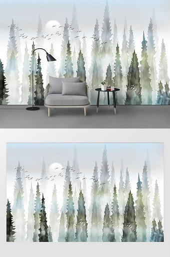 北欧现代森林飞鸟电视沙发背景墙图片