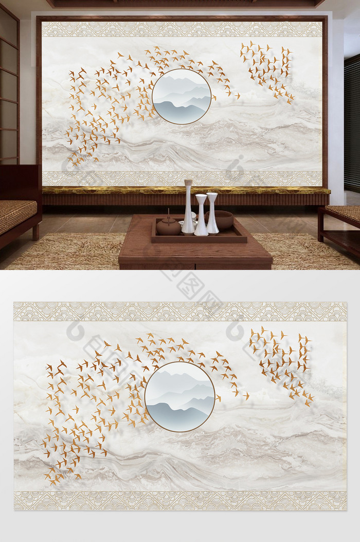 中式飞鸟山水风景背景墙图片图片