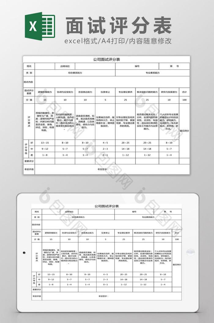 公司面试评分表Excel模板