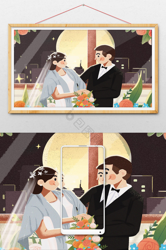 结婚婚礼夫妻婚纱新娘插画图片