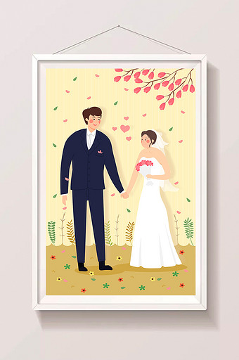 卡通情人节新婚夫妇婚礼情侣爱情海报插画图片