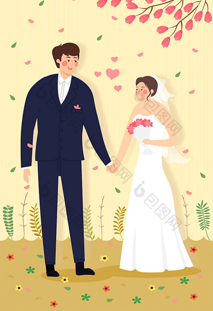 卡通情人节新婚夫妇婚礼情侣爱情海报插画