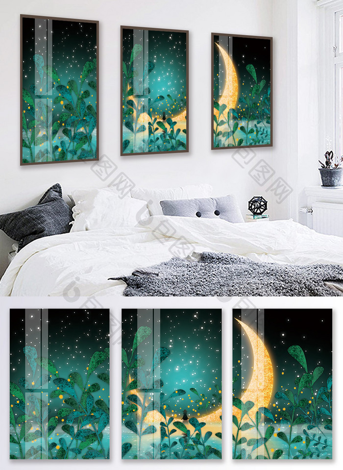 手绘森林里的月亮风景儿童房卧室晶磁装饰画