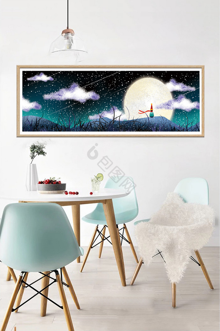 手绘月亮下的风景儿童房卧室装饰画图片