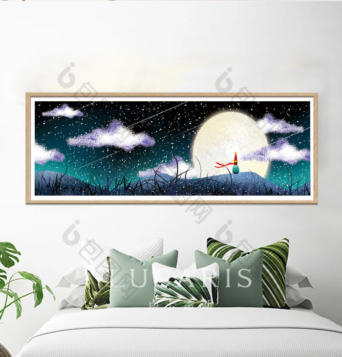 手绘月亮下的风景儿童房卧室装饰画