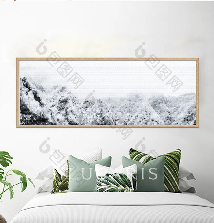 像素黑白风格自然高山雪景风景客厅装饰画