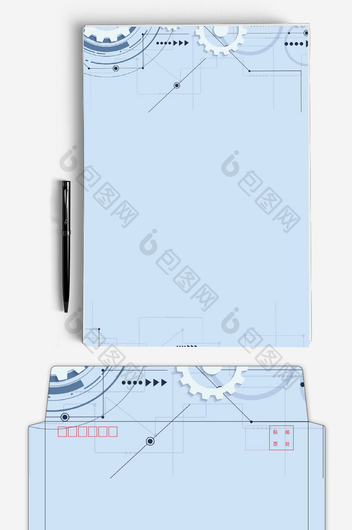 简约商务蓝色科技信封信纸背景word模板