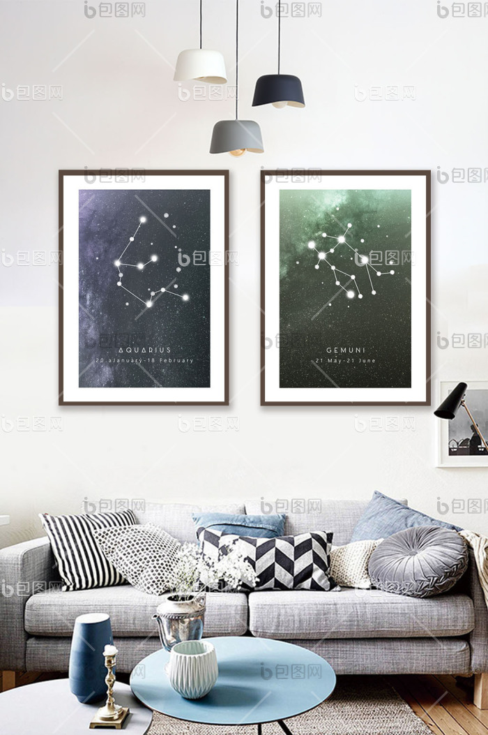 北欧时尚双子水瓶十二星座客厅书房装饰画-北欧时尚双子水瓶十二星座客厅书房装饰画效果图-【包图网】
