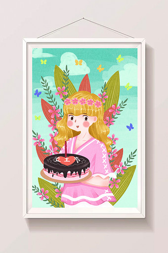 清新可爱女生节吃蛋糕插画图片