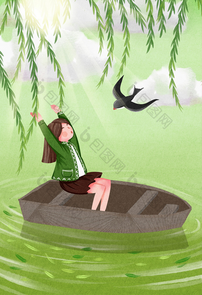 绿色小清新春天女孩划船插画
