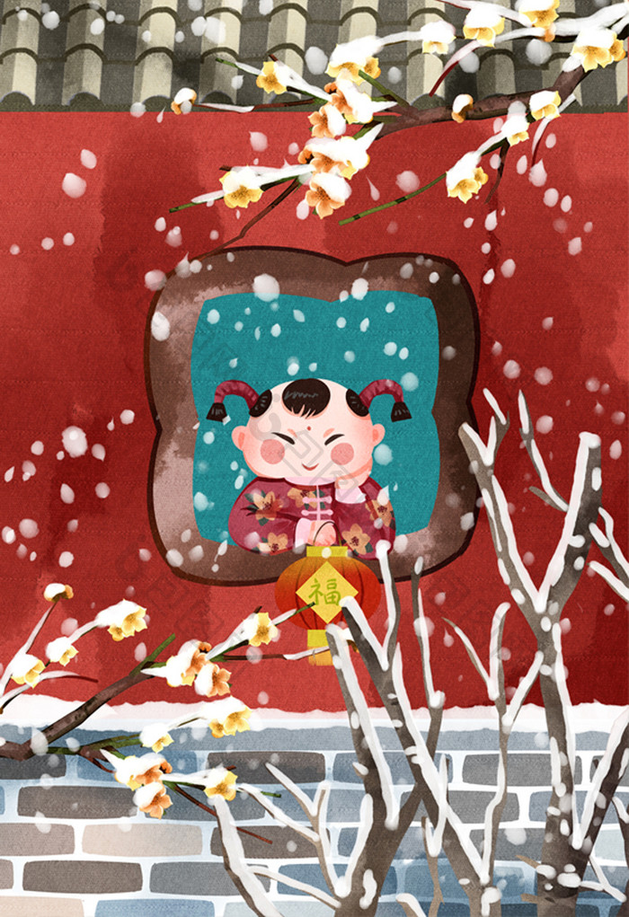 红色可爱中国风娃娃赏雪插画