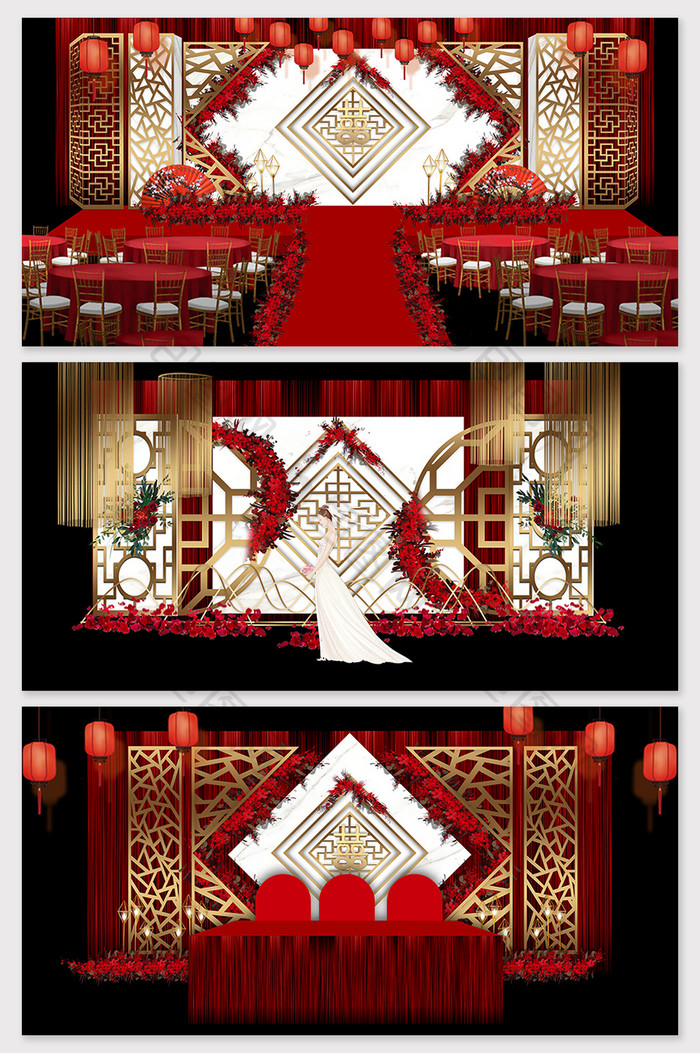 新中式红色唯美大理石婚礼效果图