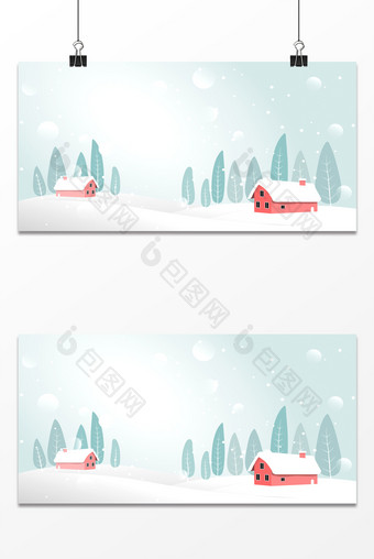卡通简约林中小屋冬季飘雪积雪雪山背景图片