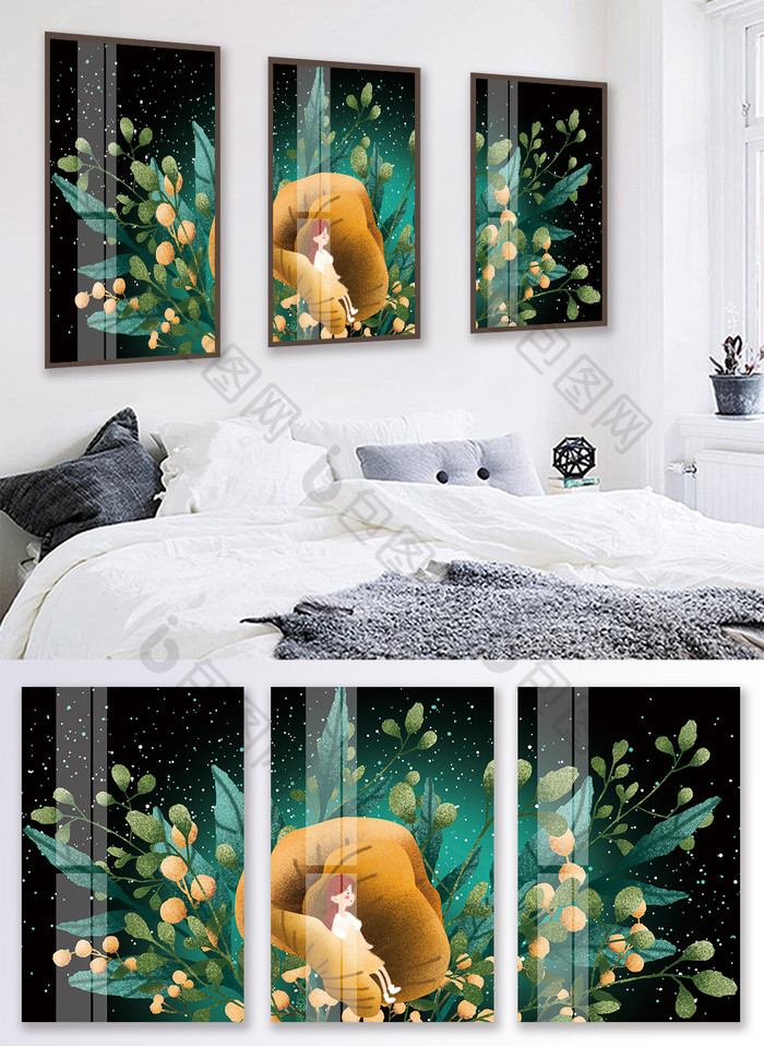 手绘花朵上的女孩风景卧室客厅装饰画